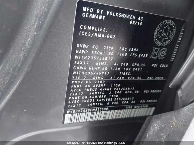WVGHV7AX0FW533590 Volkswagen Tiguan S/se/sel/r-line