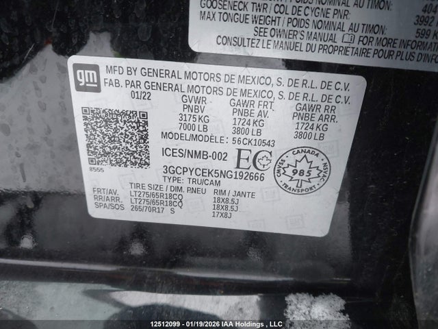 3GCPYCEK5NG192666 Chevrolet Silverado 1500 Lt