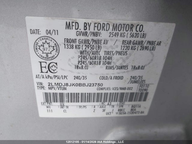 Продаж на аукціоні авто 2011 Lincoln Mkx, vin: 2LMDJ8JK0BBJ23750, номер лоту: 12512105