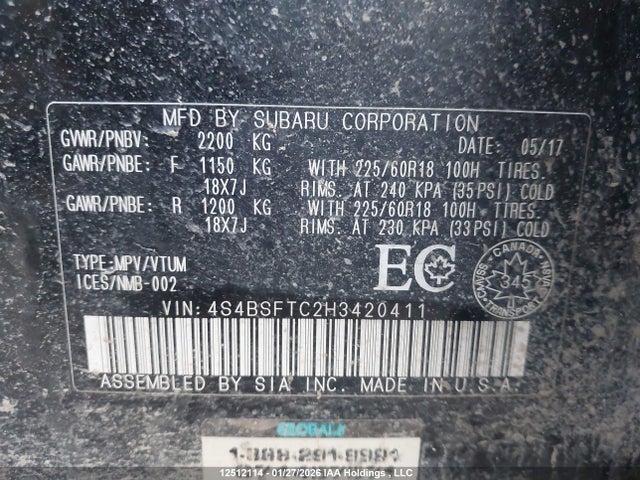 4S4BSFTC2H3420411 Subaru Outback 3.6r Premier Technology Package
