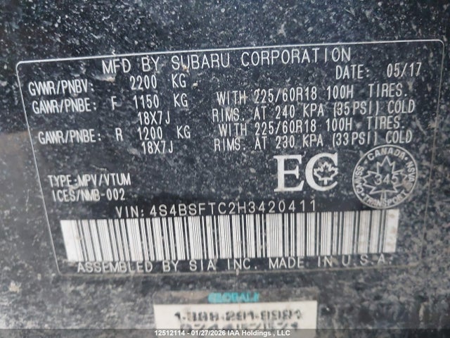 4S4BSFTC2H3420411 Subaru Outback 3.6r Premier Technology Package
