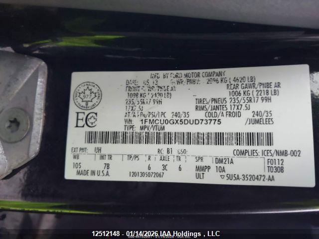 12512148 :رقم المزاد ، 1FMCU0GX5DUD73775 vin ، 2013 Ford Escape Se مزاد بيع