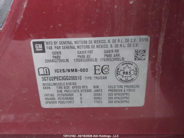 Aukcja sprzedaży 2016 Gmc Sierra K1500 Denali, vin: 3GTU2PEC3GG206510, numer aukcji: 12512162
