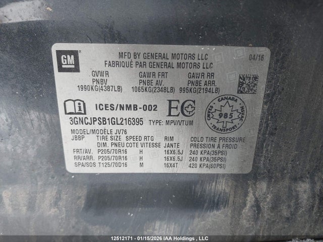 Продаж на аукціоні авто 2016 Chevrolet Trax 1lt, vin: 3GNCJPSB1GL216395, номер лоту: 12512171