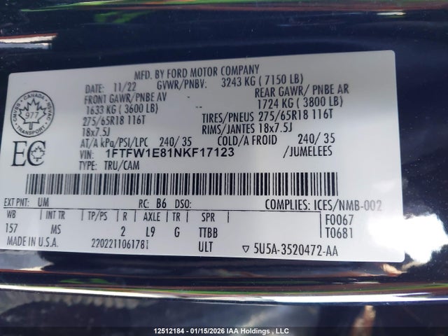 1FTFW1E81NKF17123 Ford F150 Supercrew