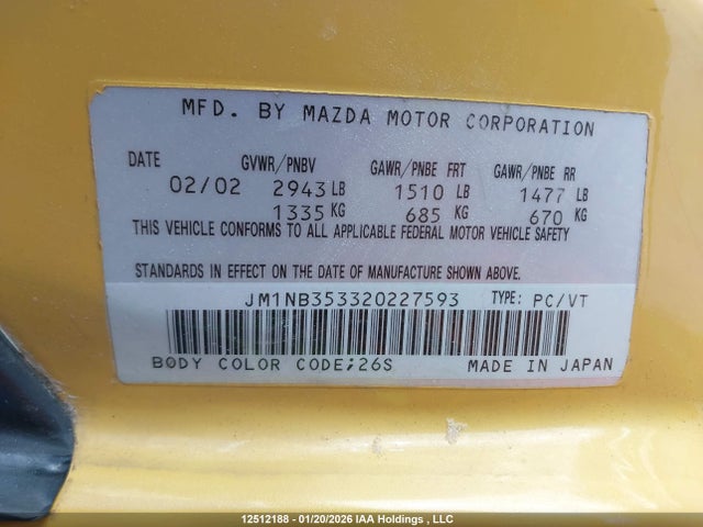 12512188 :رقم المزاد ، JM1NB353320227593 vin ، 2002 Mazda Mx-5 Miata 1.8/special Edition مزاد بيع