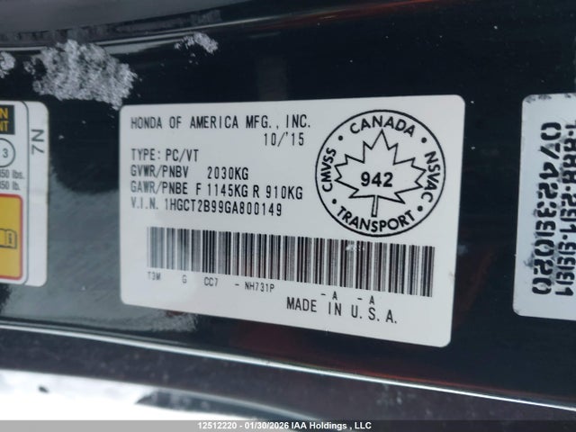 1HGCT2B99GA800149 Honda ACCORD EXL