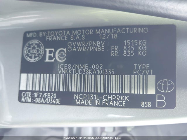 VNKKTUD38KA101335 Toyota Yaris L/le/se