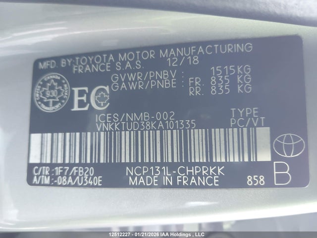 VNKKTUD38KA101335 Toyota Yaris L/le/se