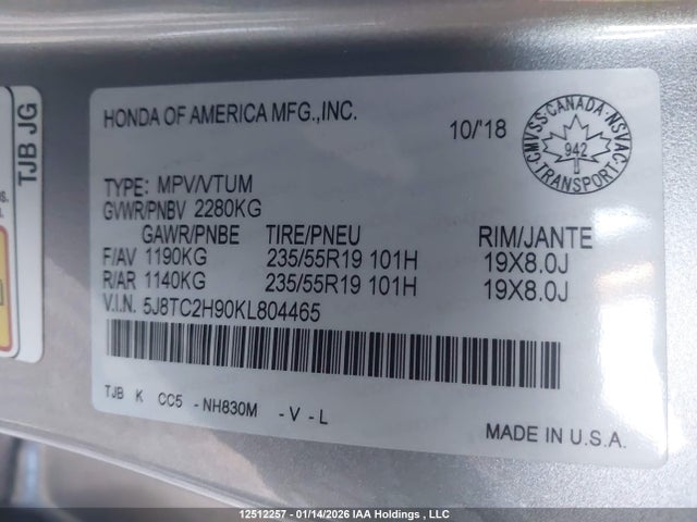 5J8TC2H90KL804465 Acura Rdx Platinum Elite