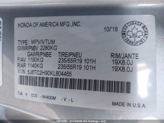 5J8TC2H90KL804465 Acura Rdx Platinum Elite