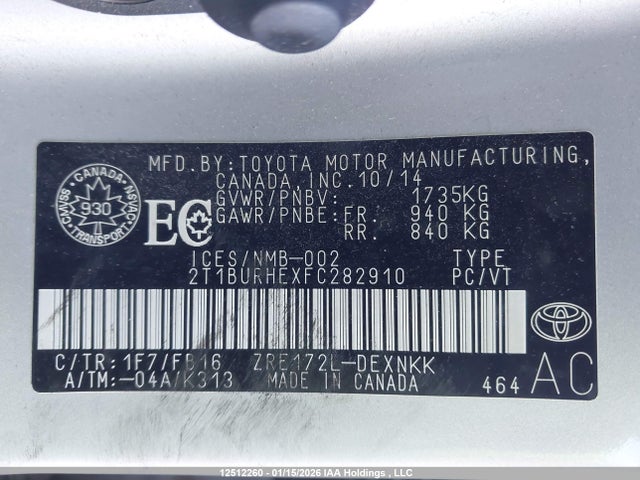 2T1BURHEXFC282910 Toyota COROLLA LE
