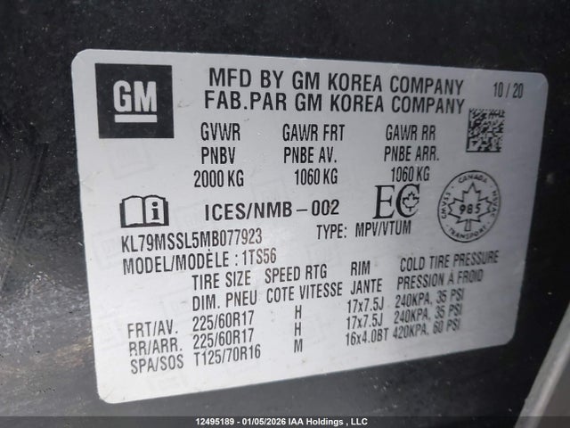 12495189 :رقم المزاد ، KL79MSSL5MB077923 vin ، 2021 Chevrolet Trailblazer Activ مزاد بيع