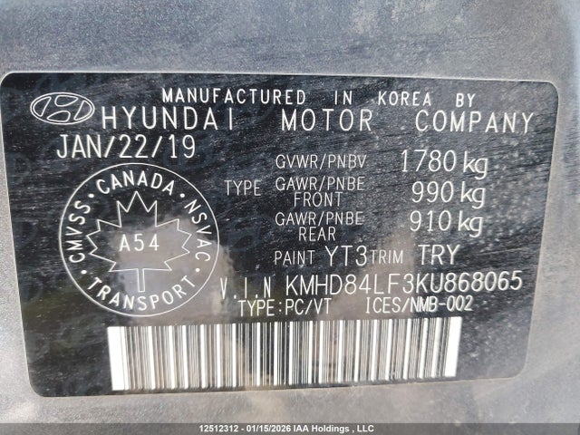 KMHD84LF3KU868065 Hyundai Elantra Preferred