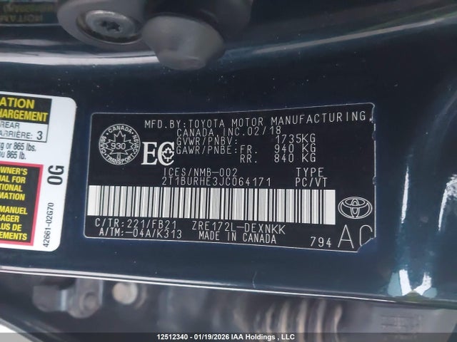 2T1BURHE3JC064171 Toyota COROLLA LE