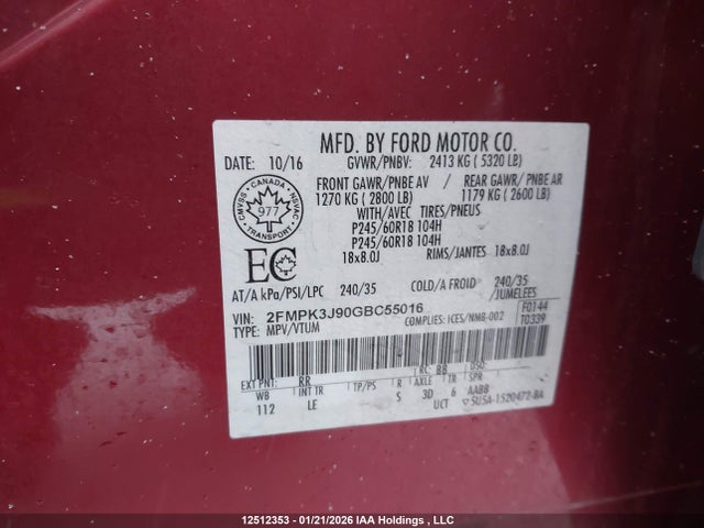 Aukcja sprzedaży 2016 Ford Edge Sel, vin: 2FMPK3J90GBC55016, numer aukcji: 12512353