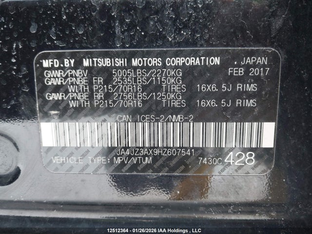 JA4JZ3AX9HZ607541 Mitsubishi Outlander Se