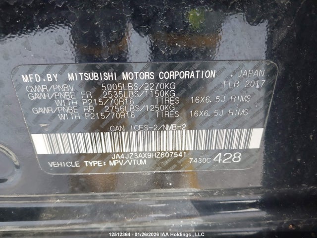 JA4JZ3AX9HZ607541 Mitsubishi Outlander Se