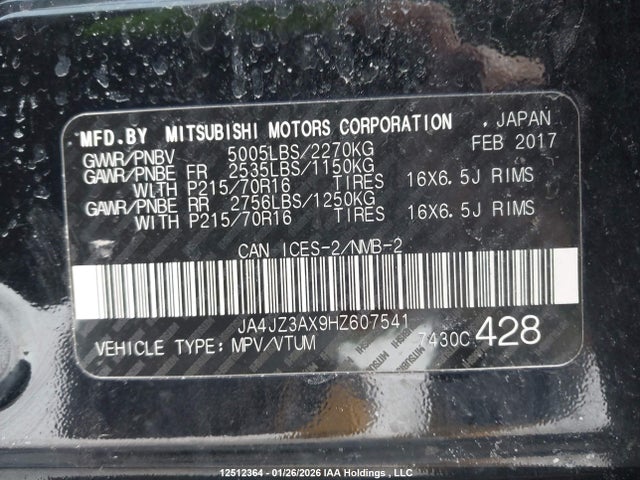 JA4JZ3AX9HZ607541 Mitsubishi Outlander Se