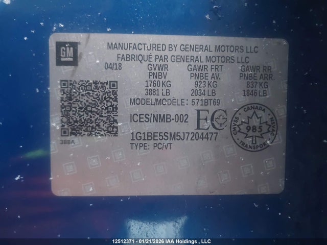 1G1BE5SM5J7204477 Chevrolet Cruze Lt Auto
