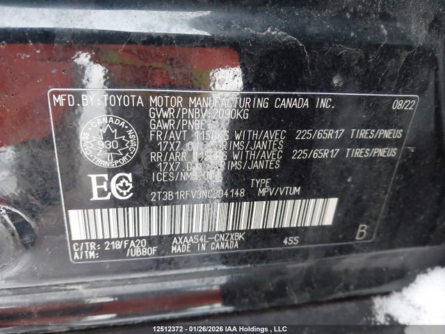 12512372 :رقم المزاد ، 2T3B1RFV3NC304148 vin ، 2022 Toyota Rav4 Le مزاد بيع