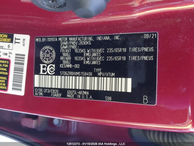5TDGZRBHXMS158408 Toyota Highlander Xle