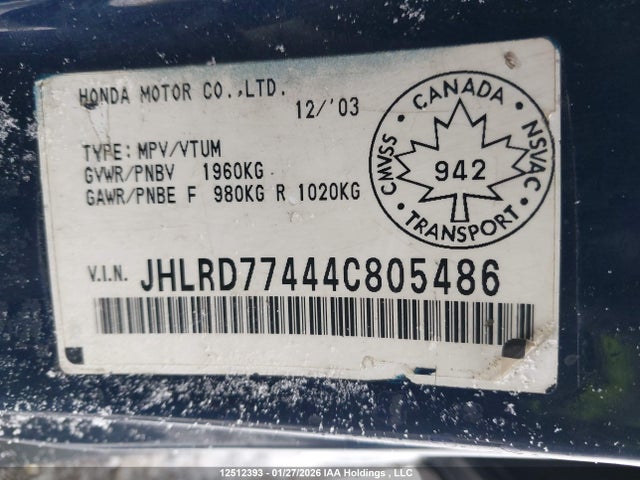 Продаж на аукціоні авто 2004 Honda Cr-v, vin: JHLRD77444C805486, номер лоту: 12512393