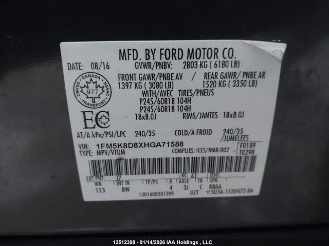 1FM5K8D8XHGA71588 Ford EXPLORER XLT