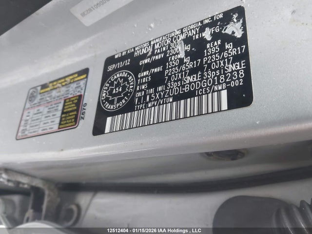 2013 Hyundai Santa Fe მანქანა იყიდება აუქციონზე, vin: 5XYZUDLB0DG018238, აუქციონის ნომერი: 12512404
