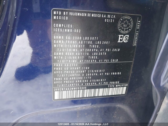 3VV2B7AX2MM093695 Volkswagen Tiguan Comfortline/united