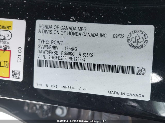 Продаж на аукціоні авто 2022 Honda Civic, vin: 2HGFE2F35NH128974, номер лоту: 12512414