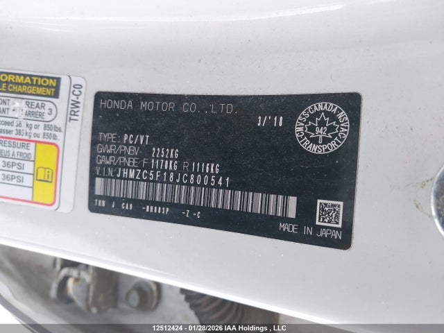 JHMZC5F18JC800541 Honda Clarity
