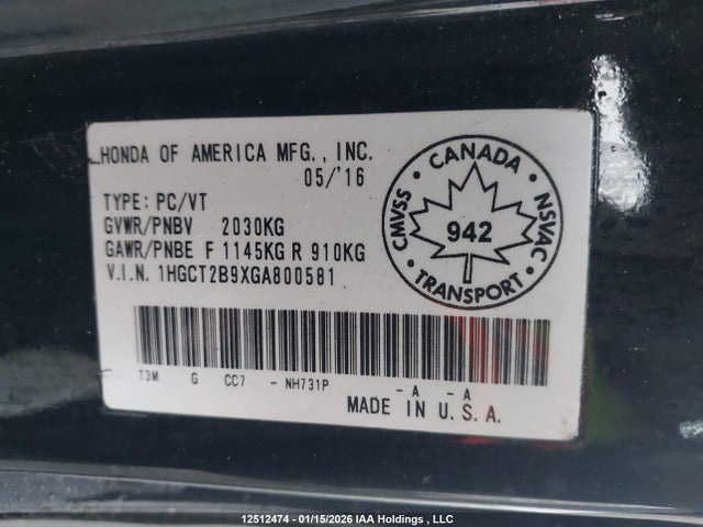 1HGCT2B9XGA800581 Honda Accord Touring