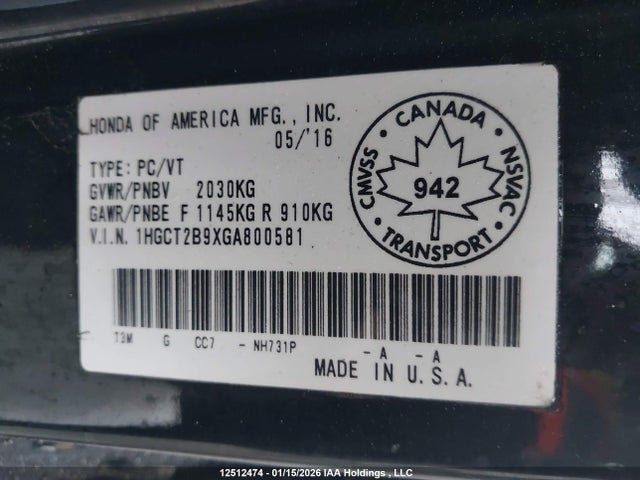 1HGCT2B9XGA800581 Honda Accord Touring