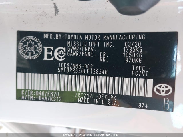 2020 Toyota Corolla მანქანა იყიდება აუქციონზე, vin: 5YFBPRBE0LP128346, აუქციონის ნომერი: 12512475