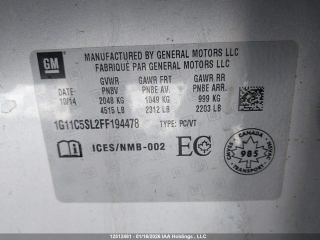 12512481 :رقم المزاد ، 1G11C5SL2FF194478 vin ، 2015 Chevrolet Malibu مزاد بيع