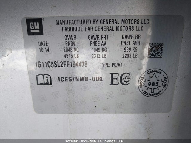 12512481 :رقم المزاد ، 1G11C5SL2FF194478 vin ، 2015 Chevrolet Malibu مزاد بيع