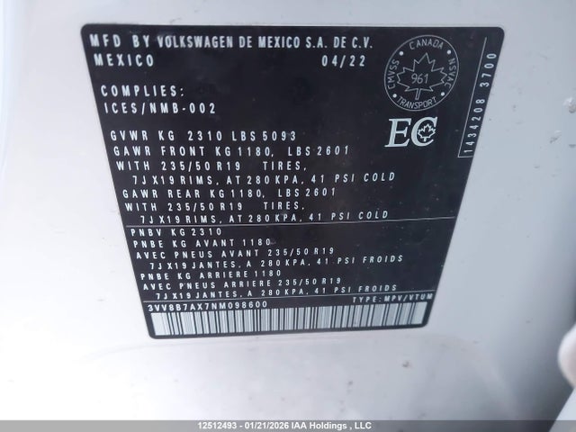 3VV8B7AX7NM098600 Volkswagen Tiguan Se R-line Black