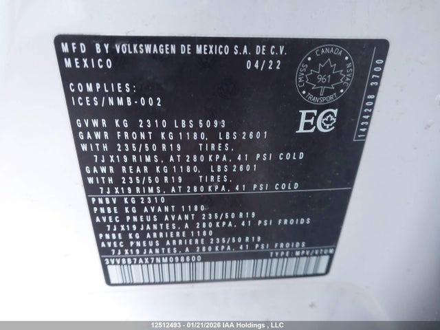 3VV8B7AX7NM098600 Volkswagen Tiguan Se R-line Black
