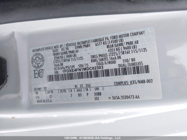 1FDXE4FN1MDC02303 Ford Econoline E450 Super Duty Cutaway Van