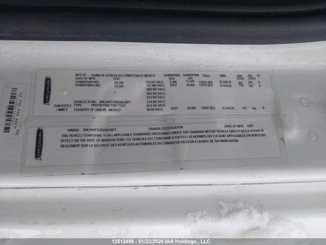 2022 Freightliner New Cascadia 126 მანქანა იყიდება აუქციონზე, vin: 3AKJHHFG6NSNU3971, აუქციონის ნომერი: 12512498