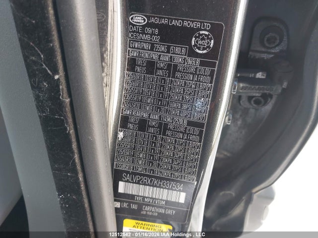 Продажа на аукционе авто 2019 Land Rover Range Rover Evoque Se, vin: SALVP2RX7KH337534, номер лота: 12512542