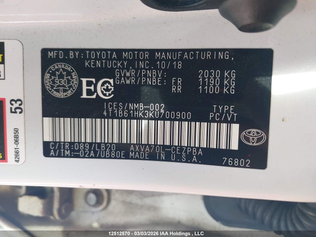 4T1B61HK3KU700900 Toyota CAMRY XSE