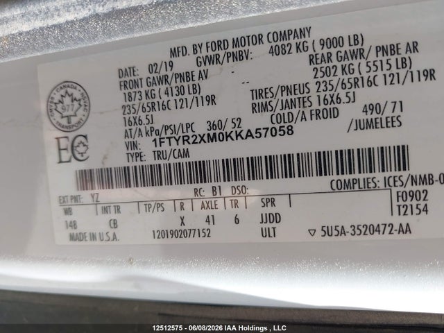 Продажа на аукционе авто 2019 Ford Transit T-250, vin: 1FTYR2XM0KKA57058, номер лота: 12512575