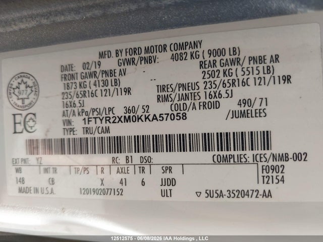 Продажа на аукционе авто 2019 Ford Transit T-250, vin: 1FTYR2XM0KKA57058, номер лота: 12512575
