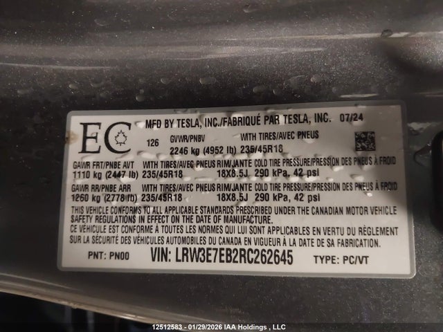 LRW3E7EB2RC262645 Tesla MODEL 3