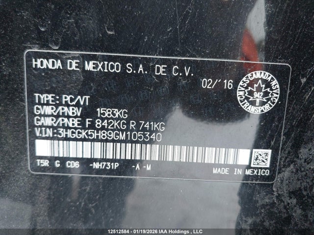 3HGGK5H89GM105340 Honda Fit Ex/exl