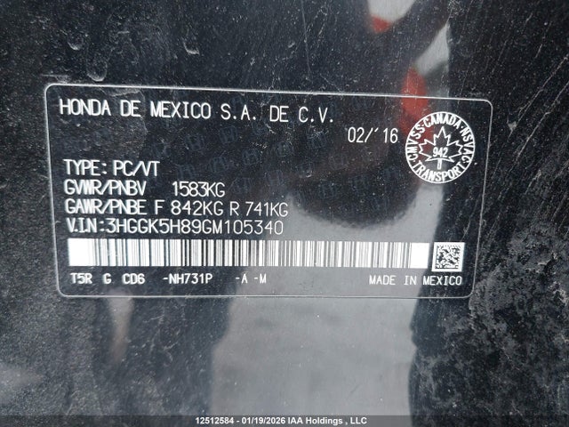 3HGGK5H89GM105340 Honda Fit Ex/exl