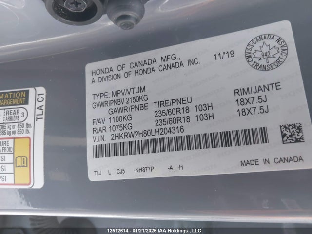 2HKRW2H80LH204316 Honda CR-V EXL