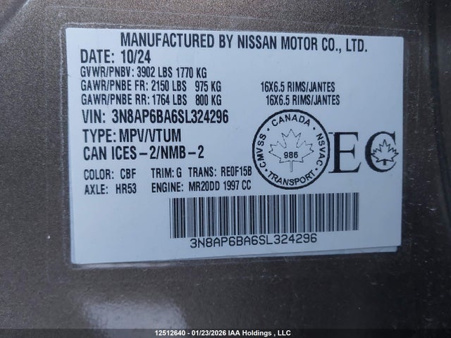 Aukcja sprzedaży 2025 Nissan Kicks, vin: 3N8AP6BA6SL324296, numer aukcji: 12512640